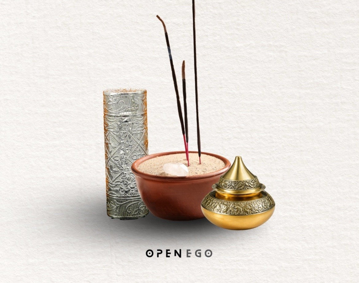 The First Offering set with incense perfume roller and brass kalash