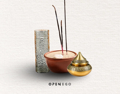 The First Offering set with incense perfume roller and brass kalash